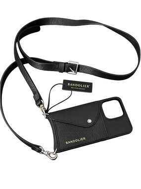 Bandolier Black Leather Crossbody Phone Case with Card Pocket and Strap